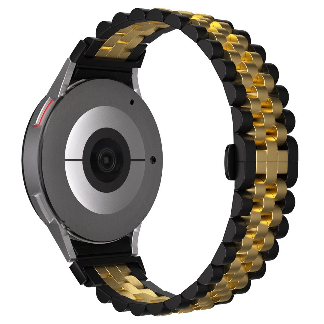 Jubilee Steel Strap, black/gold, on a watch, 3/4 rear view