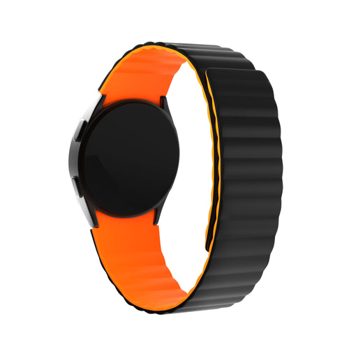 Magnetic Silicone Strap, black/orange, on a watch, 3/4 rear view