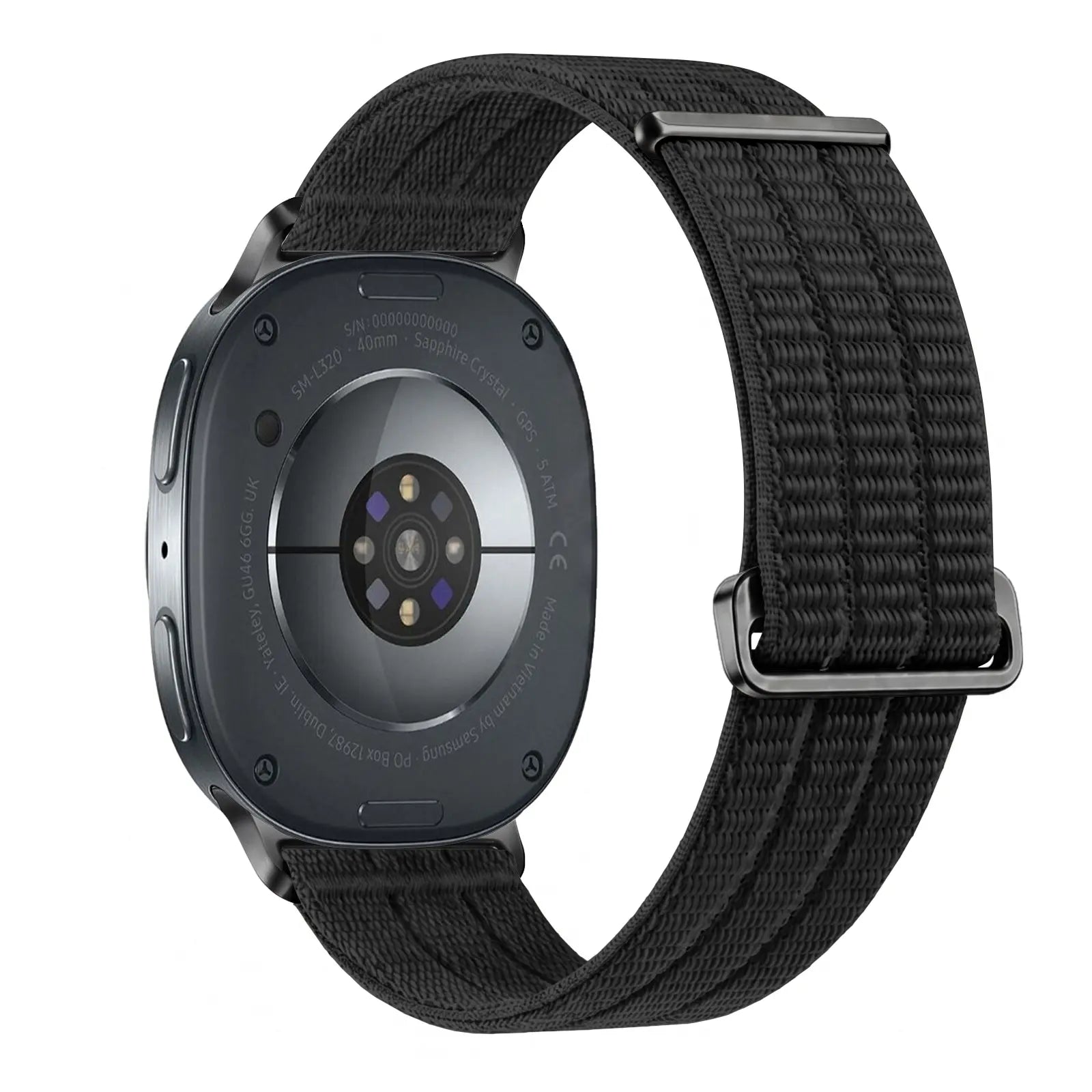 Nylon Air Strap, black, on a watch, 3/4 rear view