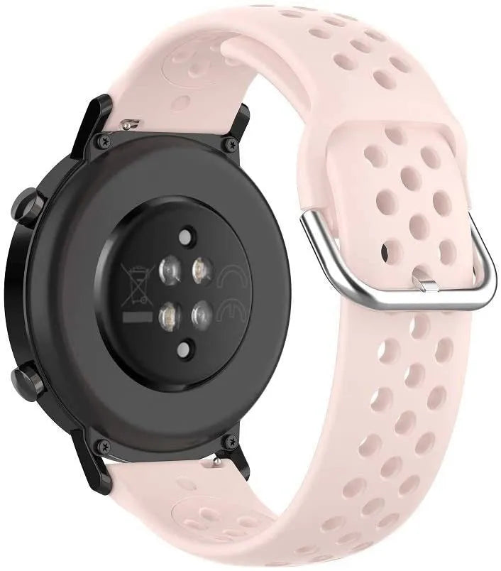 Breathable Silicone Strap, pink, on a watch, 3/4 rear view