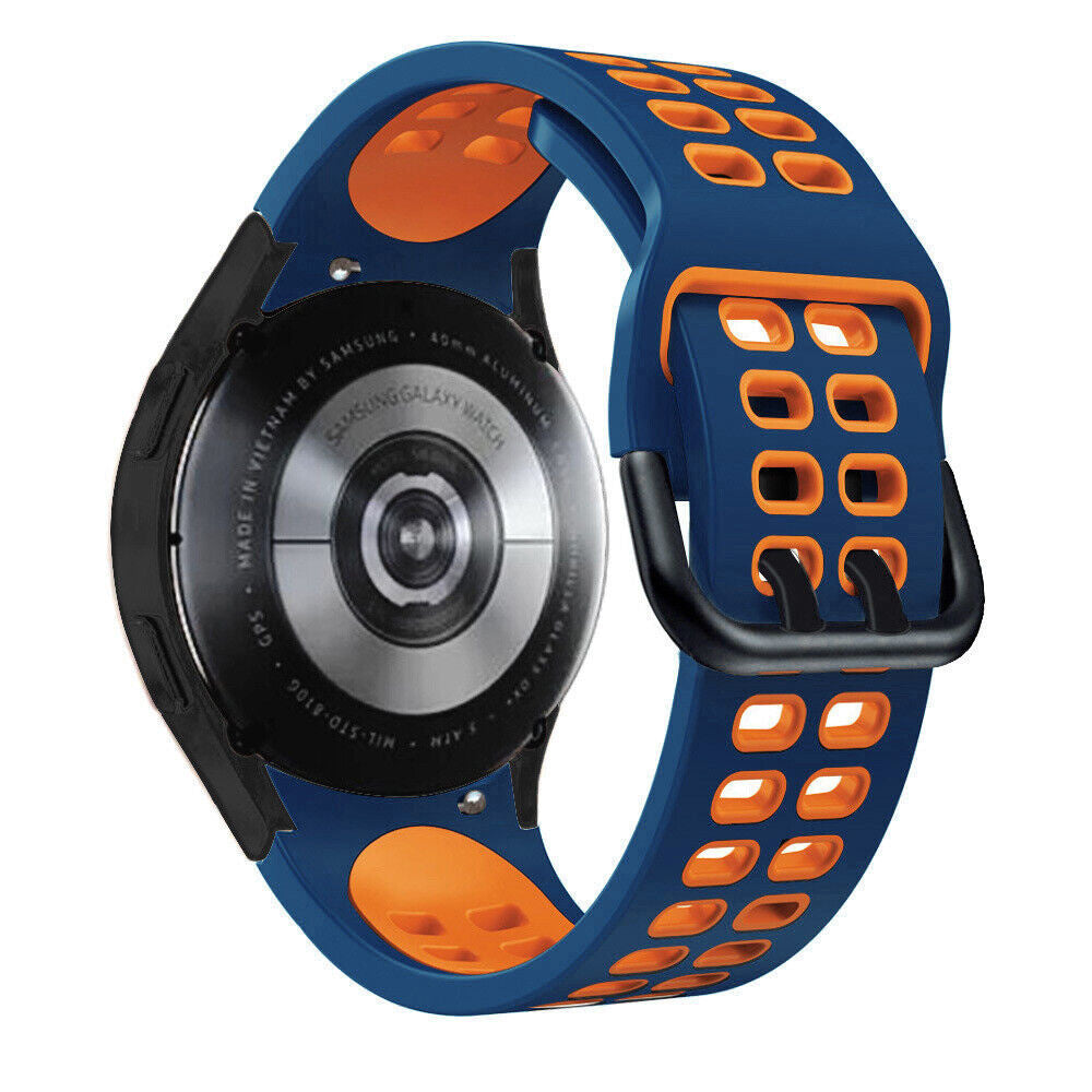 Silicone Squared Sport Strap, blue/orange, on a watch, 3/4 rear view