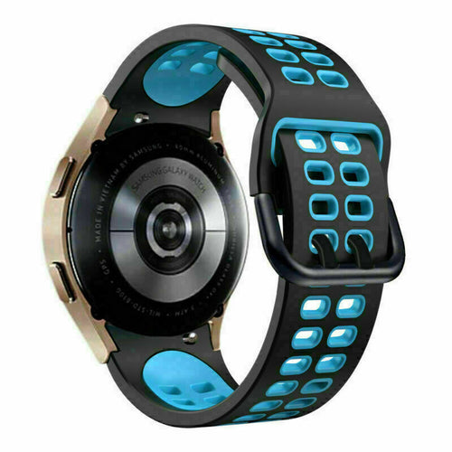 Silicone Squared Sport Strap, black/light blue, on a watch, 3/4 rear view