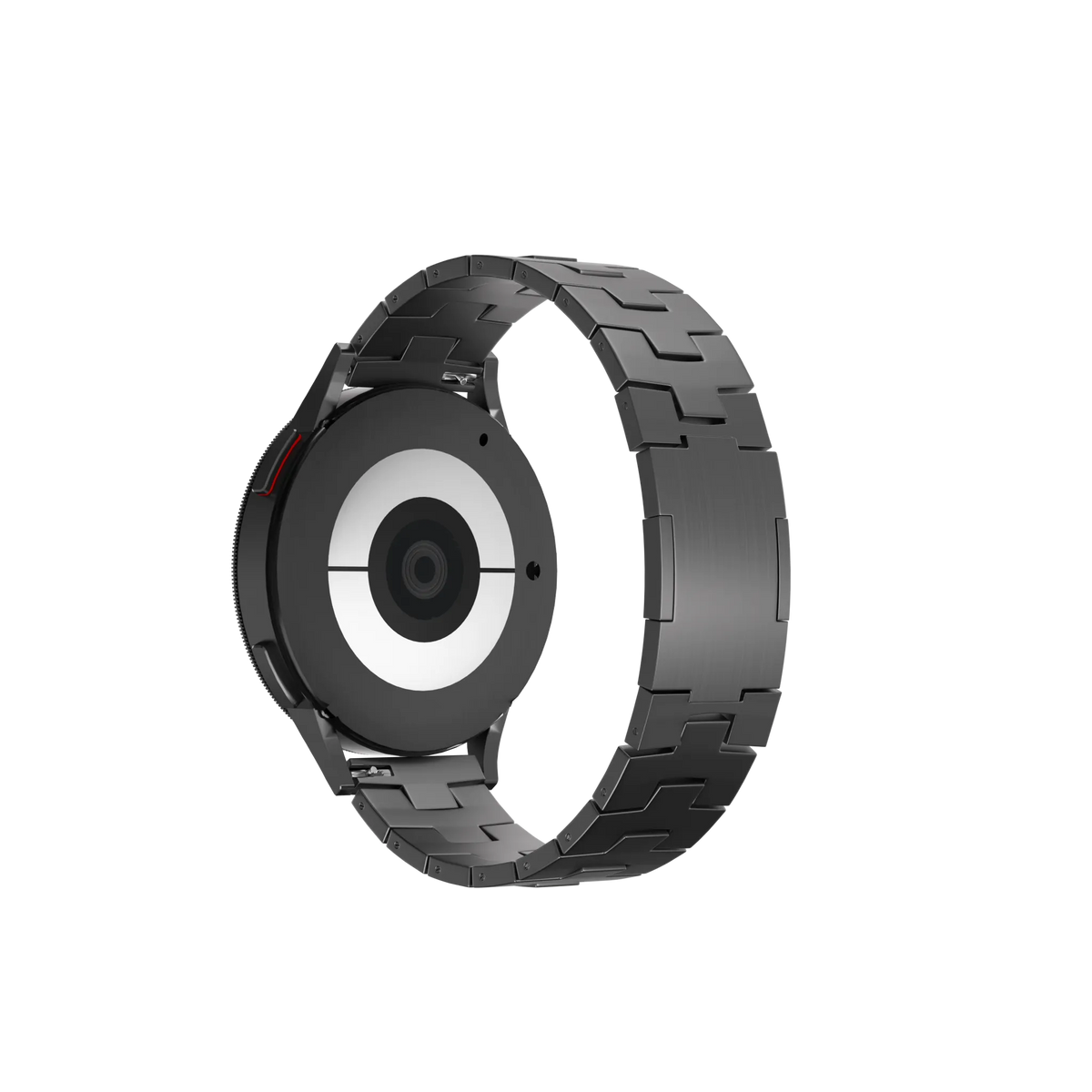 Titanium Grain Strap (Flat Clasp), graphite, on a watch, 3/4 rear view