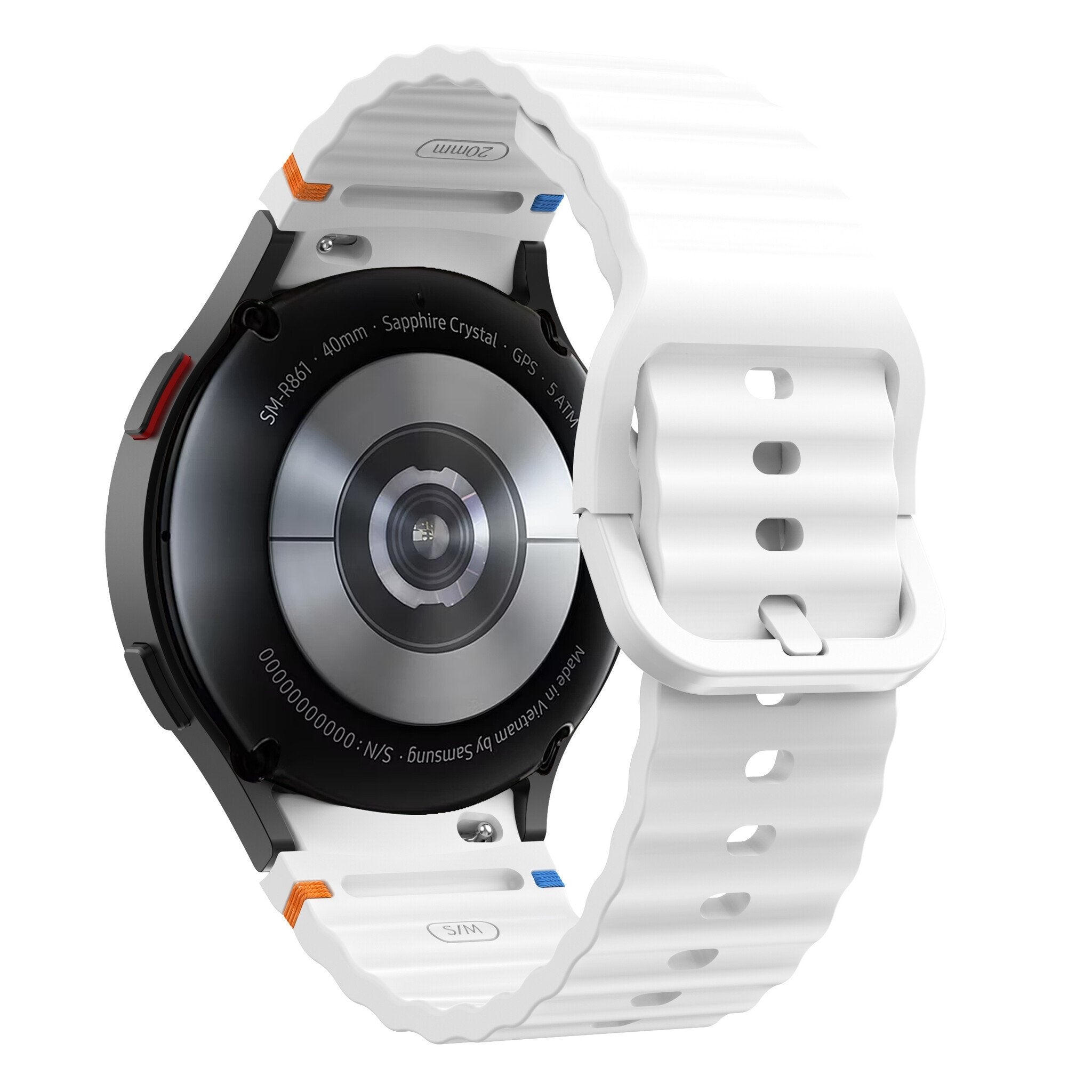 Wave Silicone Strap, white, on a watch, 3/4 rear view