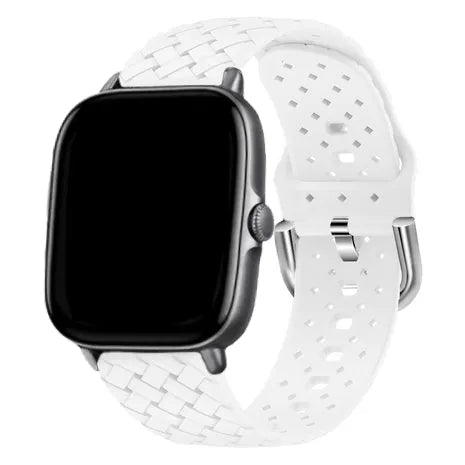 Braided Silicone Strap, white, on a watch, 3/4 rear view