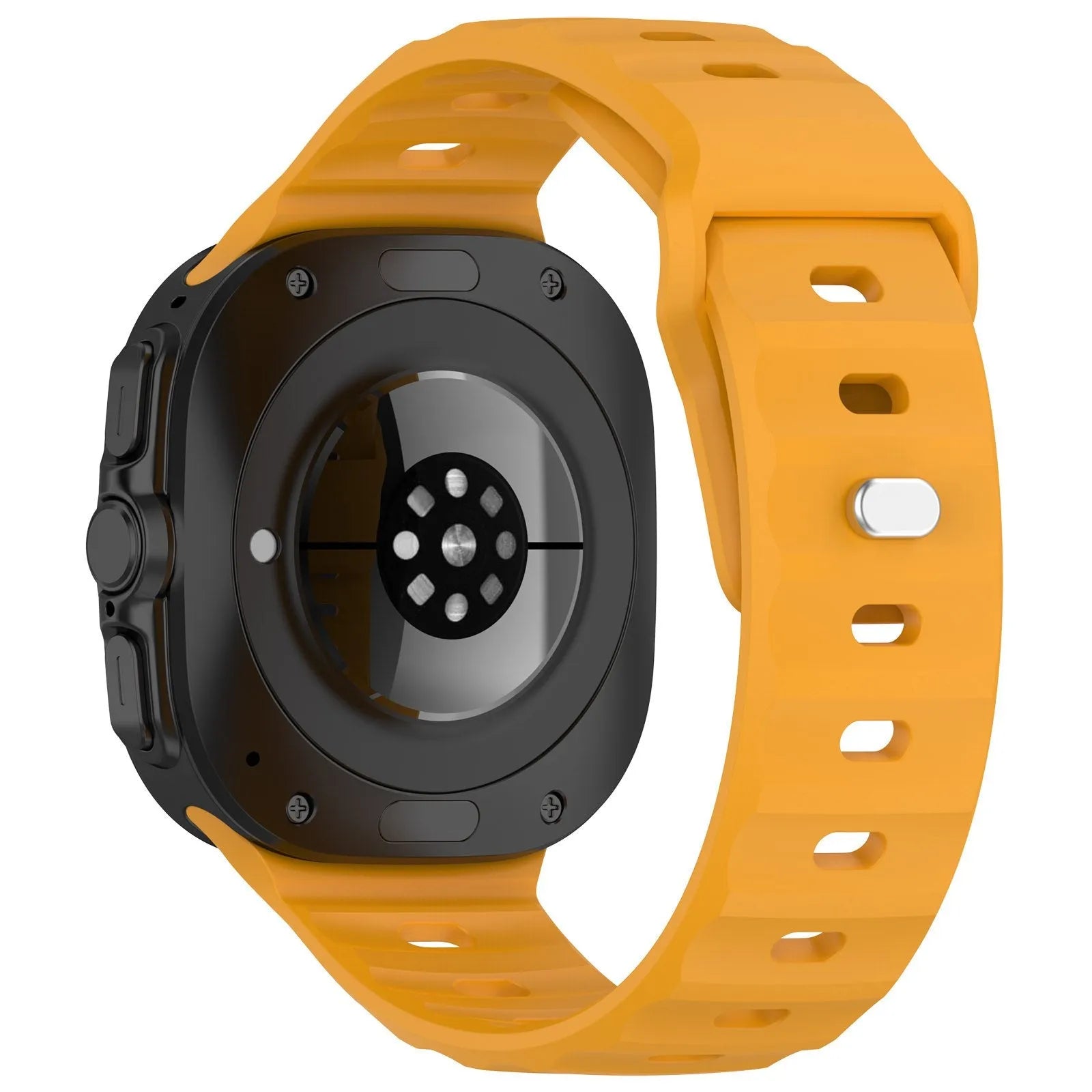 Outdoor Silicone Strap, orange/yellow, on a watch, 3/4 rear view