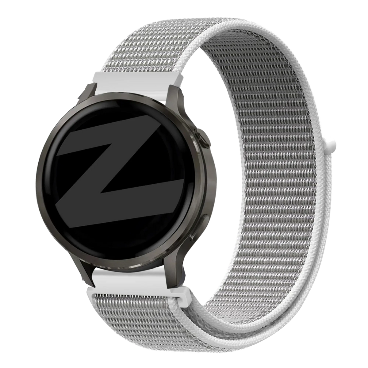 Nylon Loop Strap, grey, on a watch, 3/4 rear view
