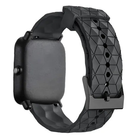 Silicone Strap Hexagons, black, on a watch, 3/4 rear view