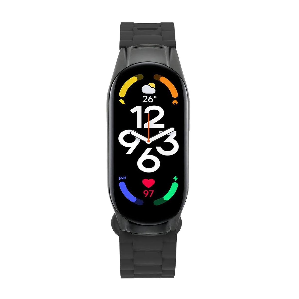 Silicone TPU Strap with Frame, black, on a watch, direct front view