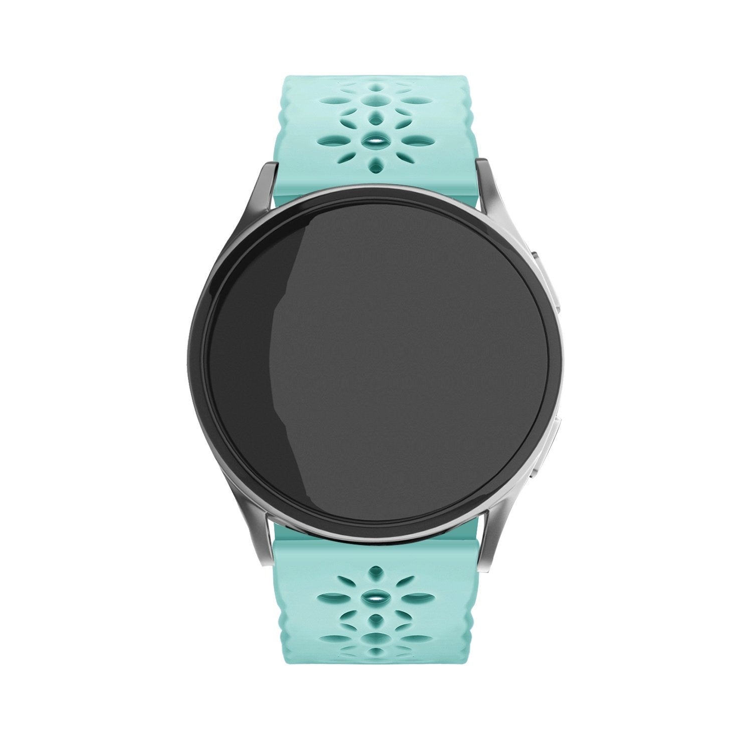 Patterned Silicone Strap, blue sea green, on a watch, direct front view