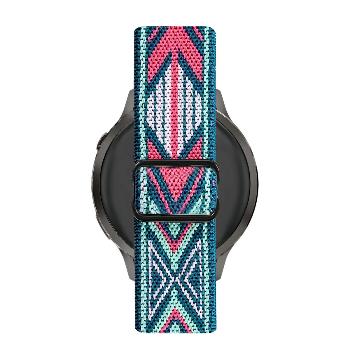 Elastic Nylon Strap, blue mix, on a watch, direct front view