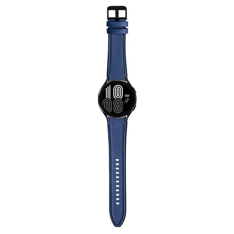 Leather Hybrid Strap, dark blue, on a watch, direct front view