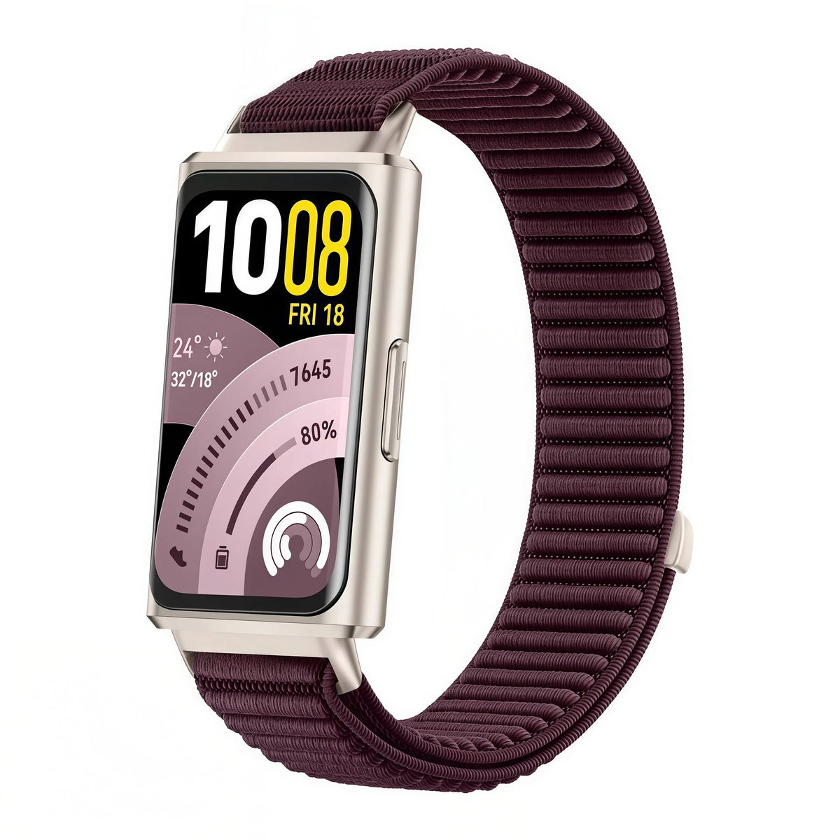 Wave Nylon Strap, plum, on a watch, direct front view