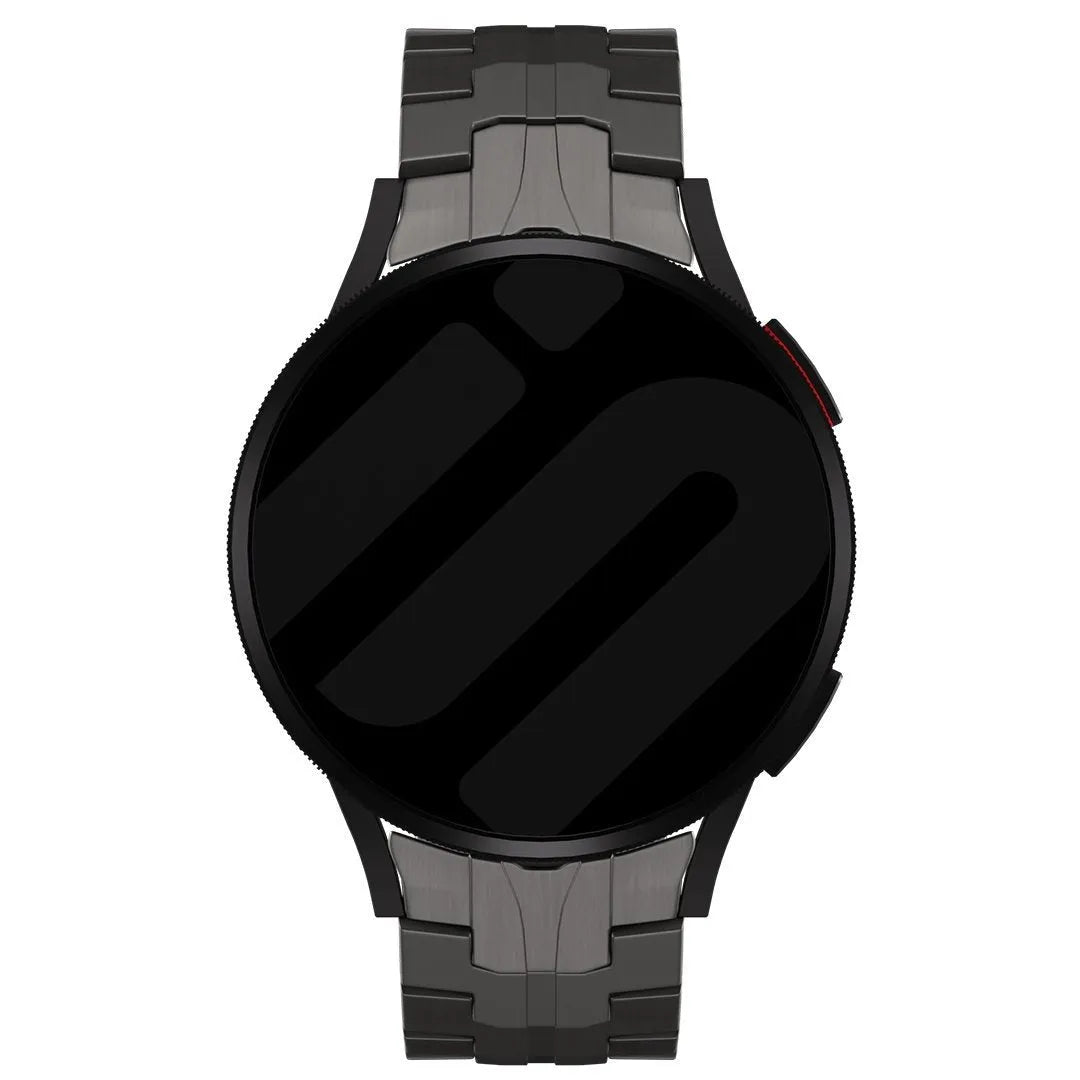 Titanium Strap 'Iron', graphite, on a watch, direct front view