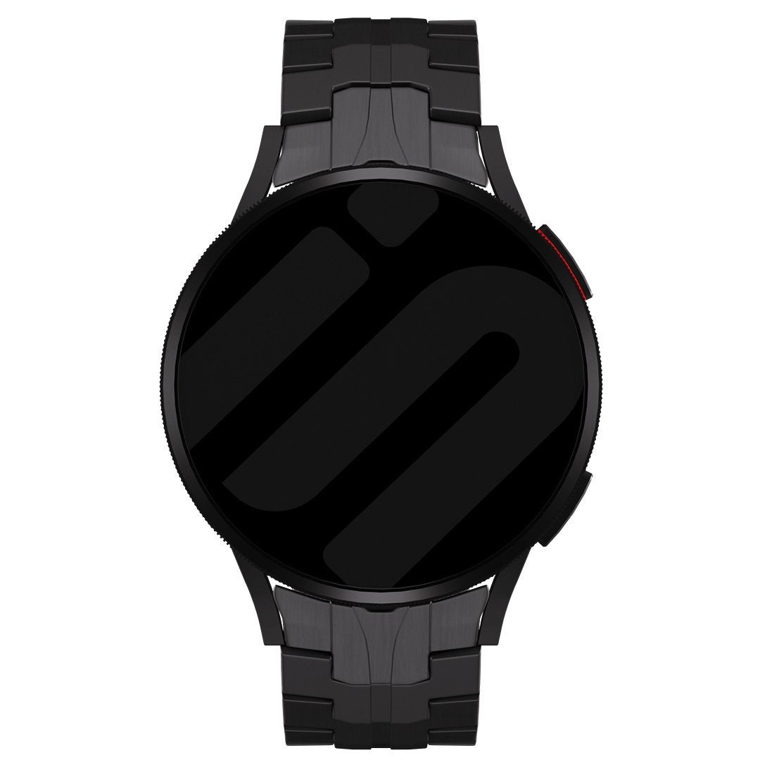 Titanium Strap 'Iron', black, on a watch, direct front view