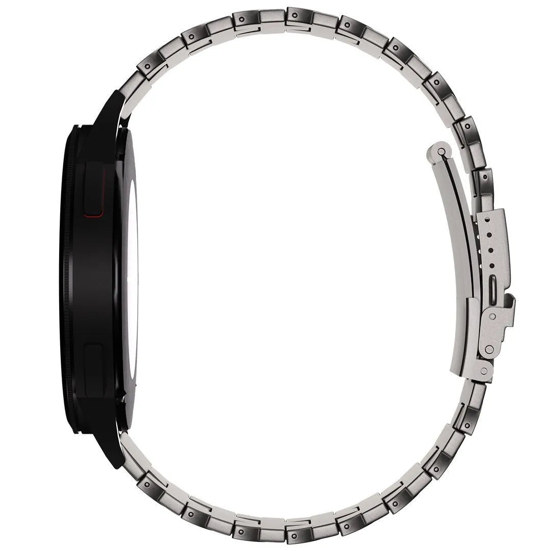 Butterfly Titanium Strap, graphite, on a watch, direct front view