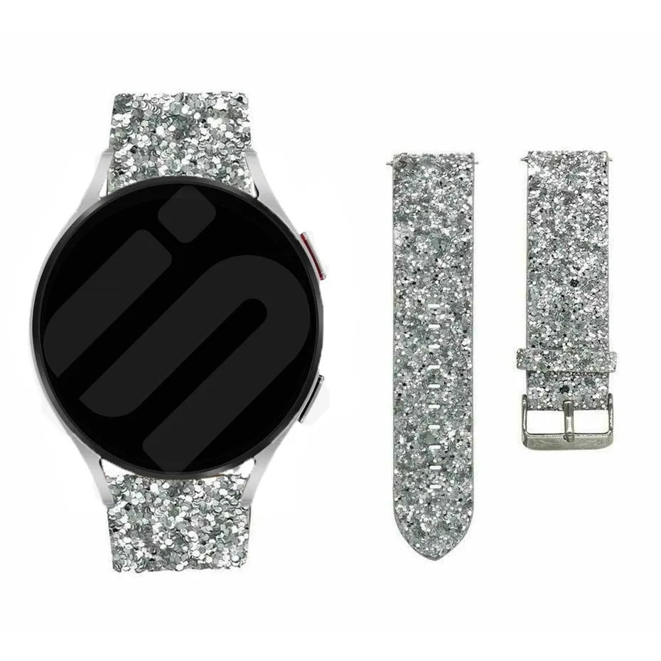 Leather Strap with Glitters, silver, on a watch, direct front view