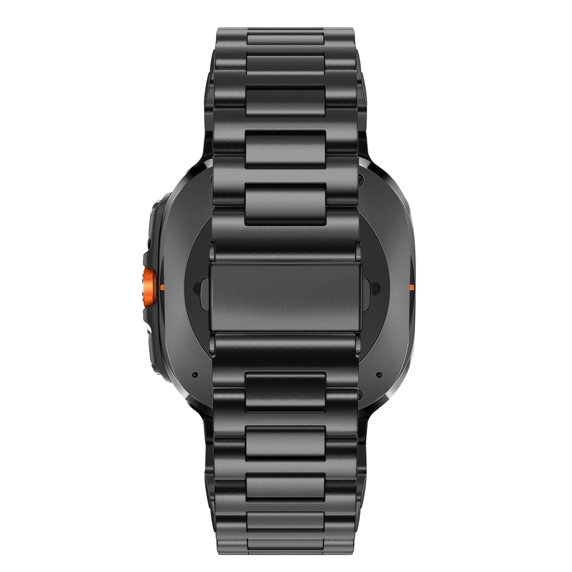 Steel Link Strap 'Deluxe', black, on a watch, direct rear view