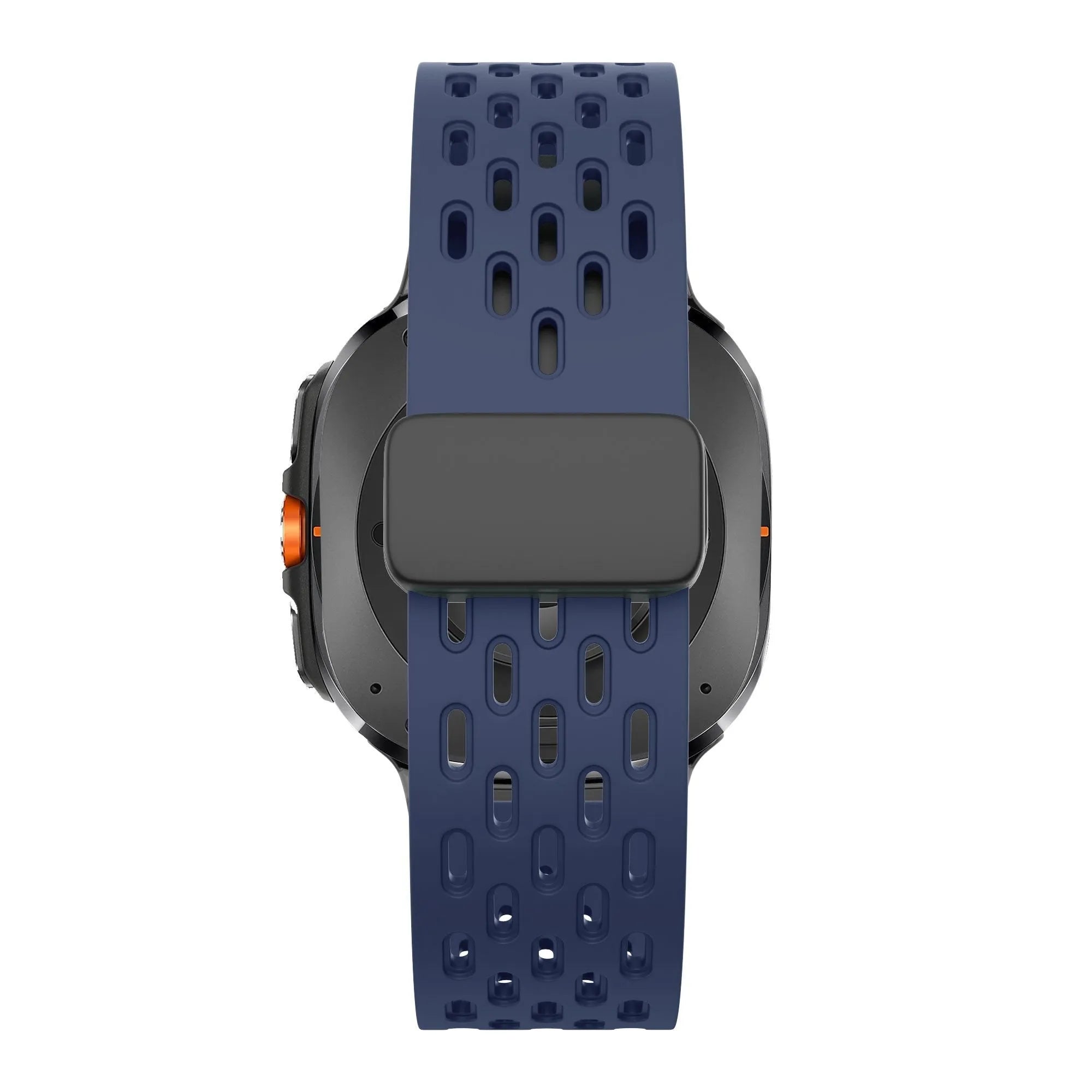 Silicone D-Buckle Sport Strap 'Air', dark blue, on a watch, direct rear view