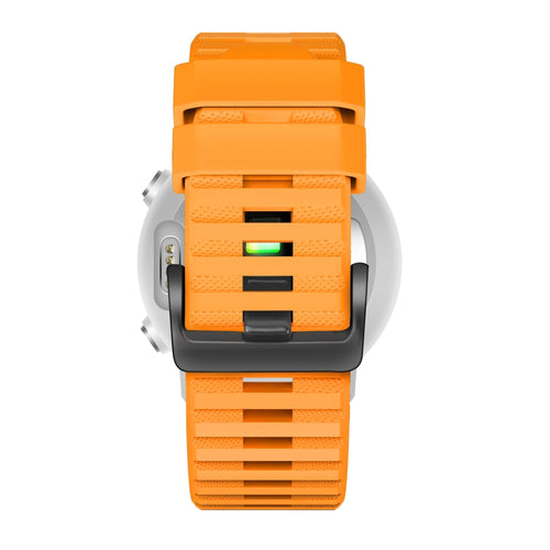 Buckled Silicone Strap, orange, on a watch, direct rear view