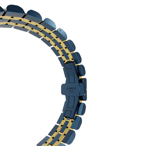 Steel Link Strap 'Duo', blue/gold, without a watch, 3/4 front view