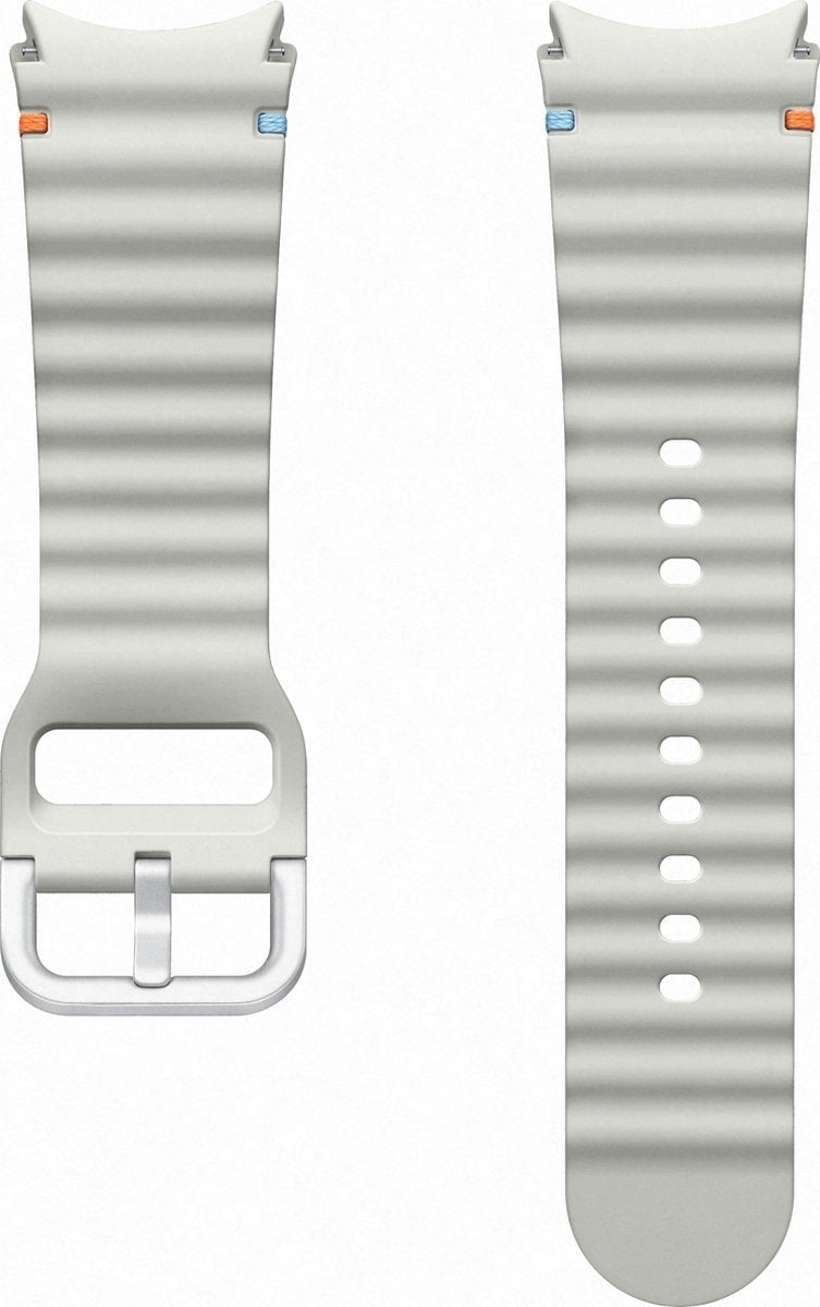 Silicone Sport Strap, silver, laid flat, separate parts, direct top view