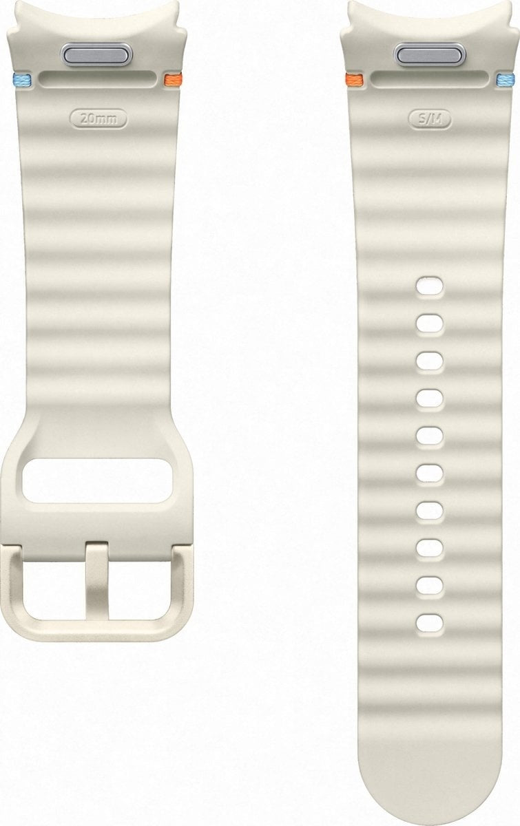 Silicone Sport Strap, cream, laid flat, separate parts, direct top view