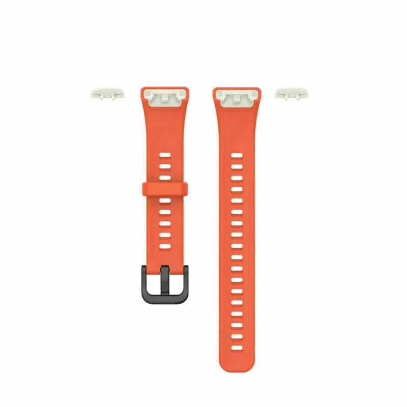 Silicone Strap, orange, laid flat, separate parts, direct top view