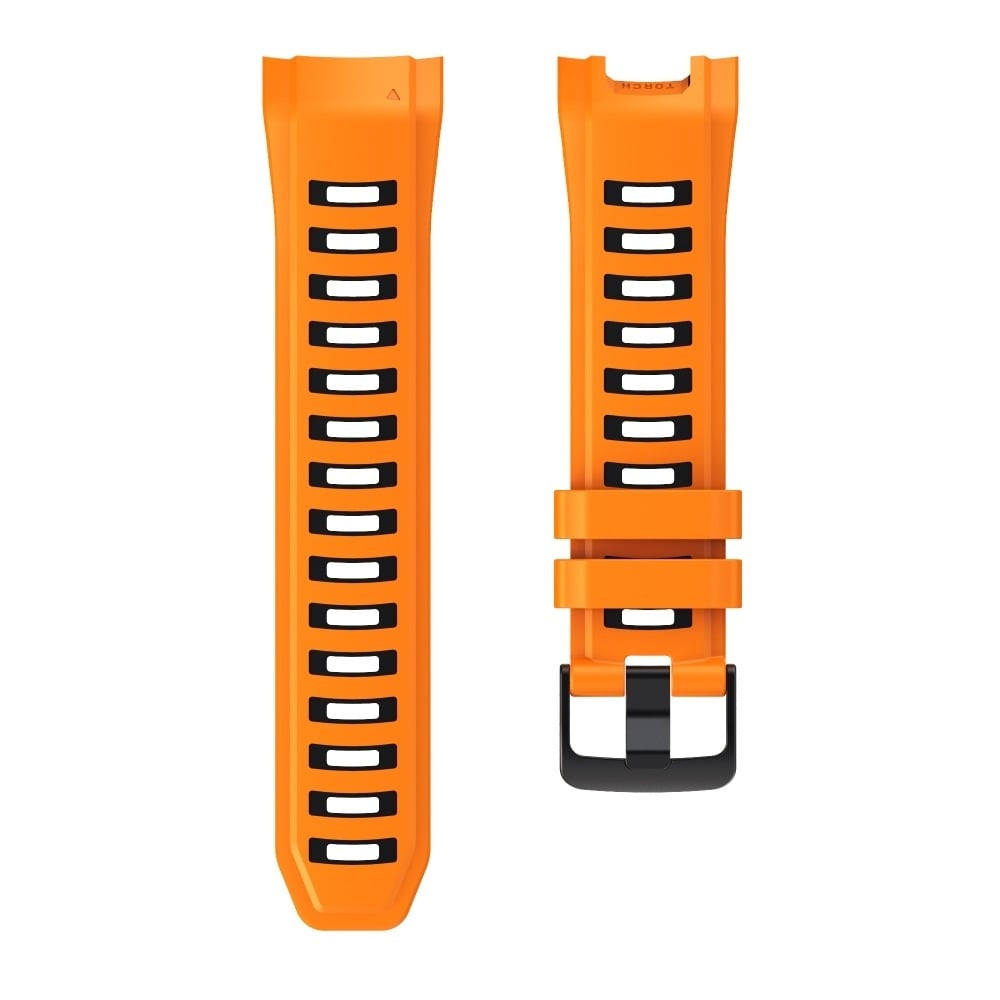 Silicone Sport Strap, orange/black, laid flat, separate parts, direct top view