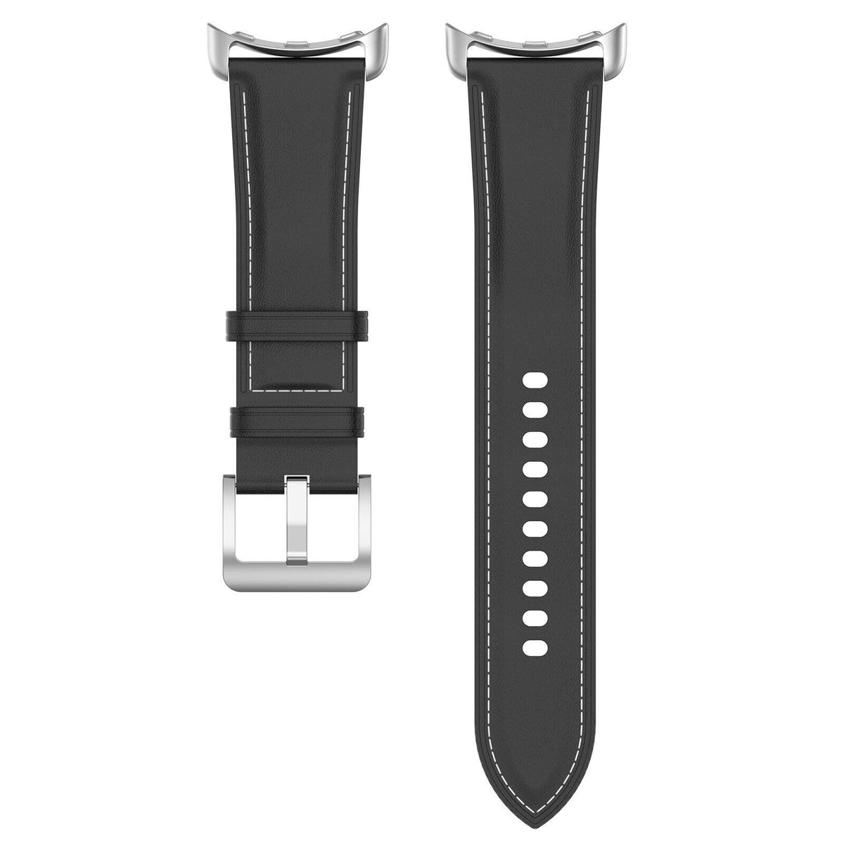 Leather Strap, black, laid flat, separate parts, direct top view
