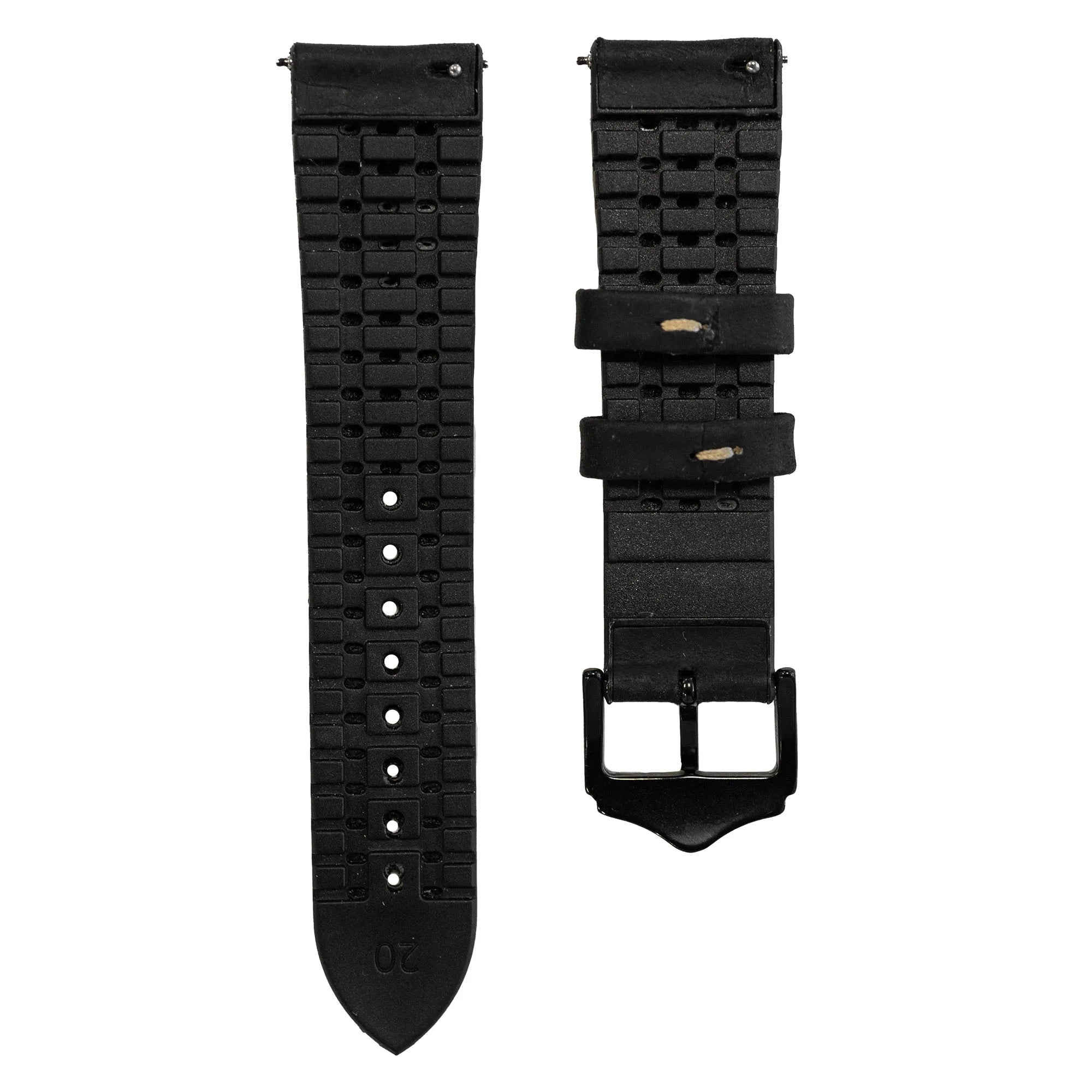 Leather Hybrid Strap, laid flat, separate parts, top and underside view