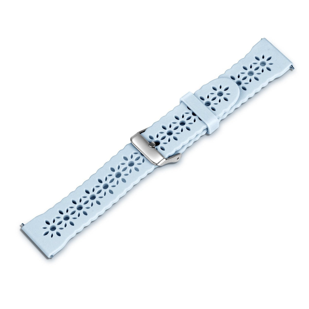 Patterned Silicone Strap, mist blue, laid flat, joined, 45° top view