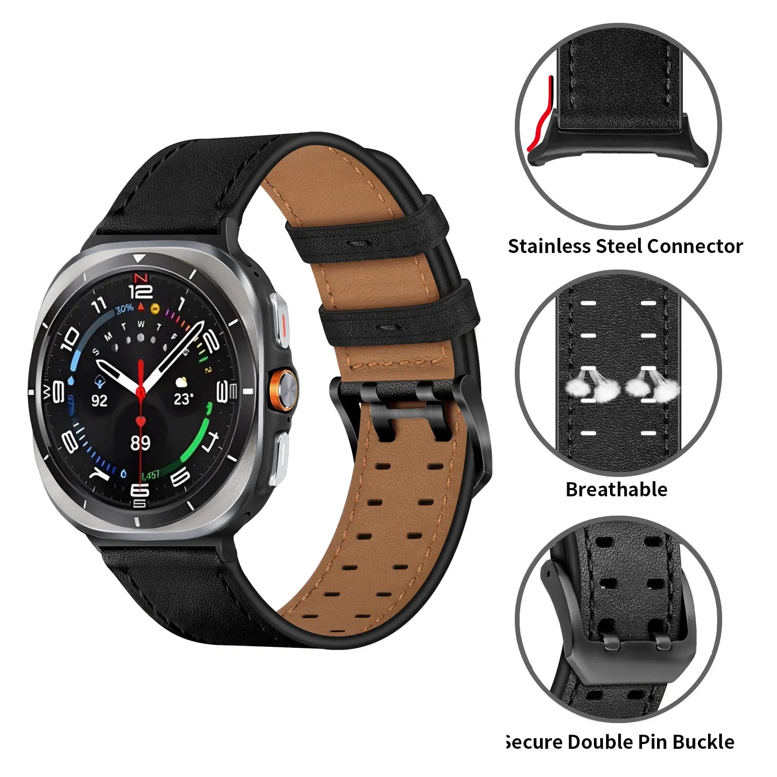 Bracelet cuir à double épingle Samsung Galaxy Watch Ultra 2 (noir)